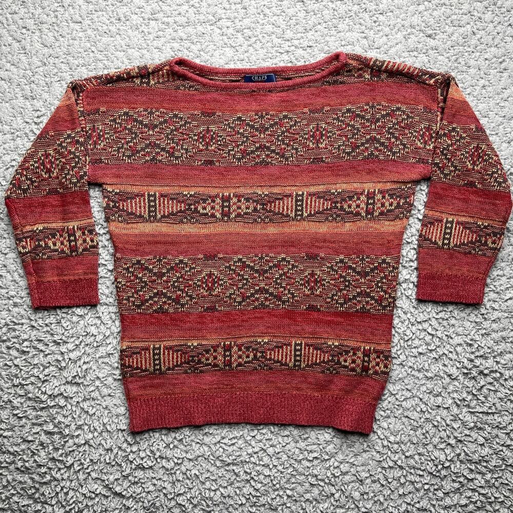 Vintage Chaps Southwestern Sweater Womens Small Linen Blend 3/4 Sleeve Aztec